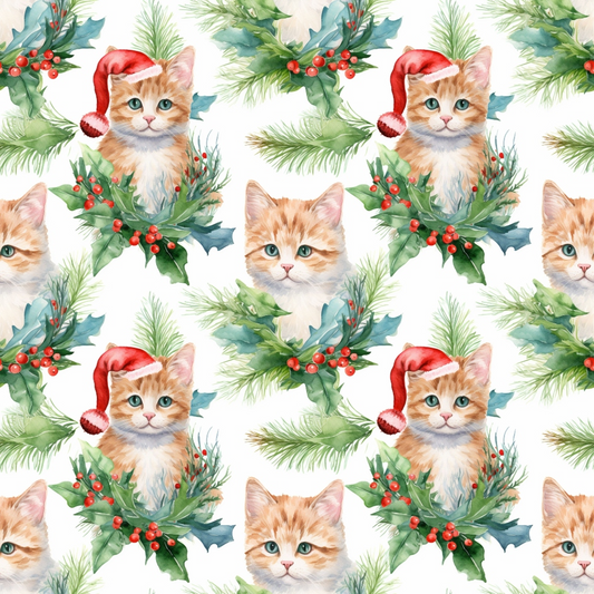 Pattern of orange kittens with green eyes, some wearing Santa hats, surrounded by fir branches and holly with red berries on a white background.