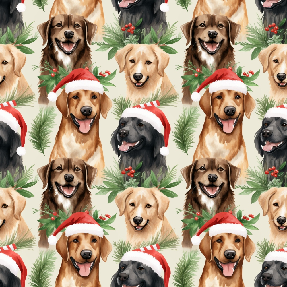 Pattern of various dog breeds, including Labradors and Retrievers, wearing Christmas hats, surrounded by holly and pine leaves.