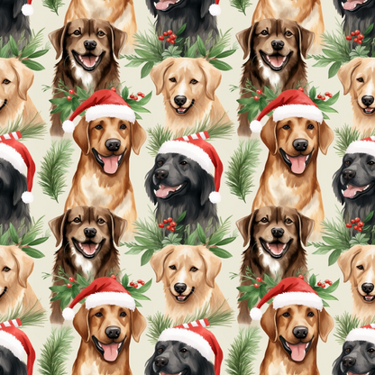 Pattern of various dog breeds, including Labradors and Retrievers, wearing Christmas hats, surrounded by holly and pine leaves.