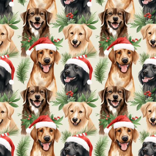 Pattern of various dog breeds, including Labradors and Retrievers, wearing Christmas hats, surrounded by holly and pine leaves.