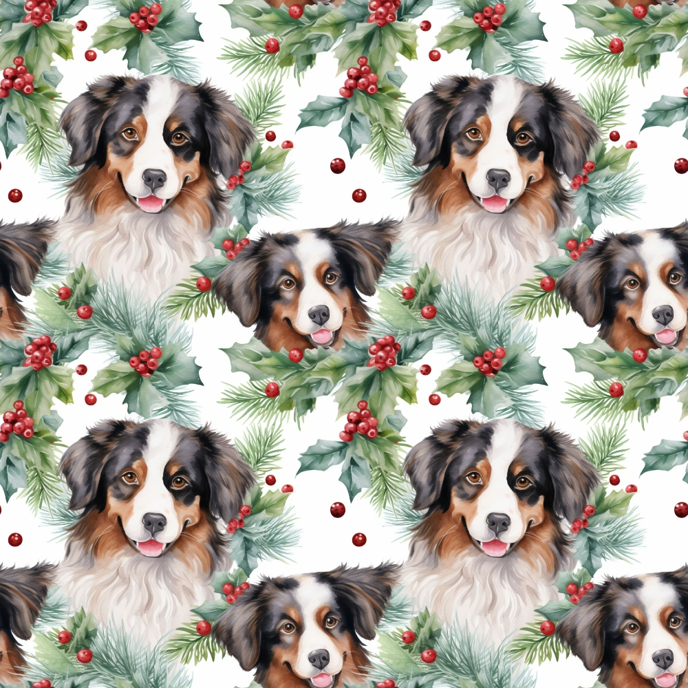 Seamless pattern of dogs faces surrounded by holly berries and pine branches on a white background.