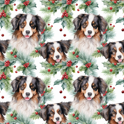 Seamless pattern of dogs faces surrounded by holly berries and pine branches on a white background.