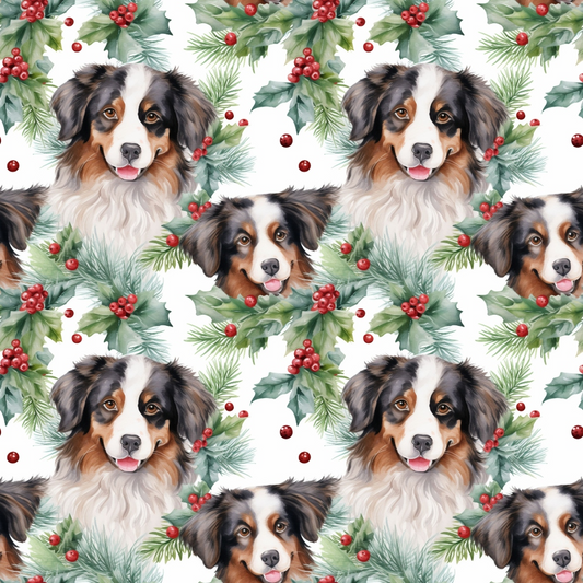 Seamless pattern of dogs faces surrounded by holly berries and pine branches on a white background.