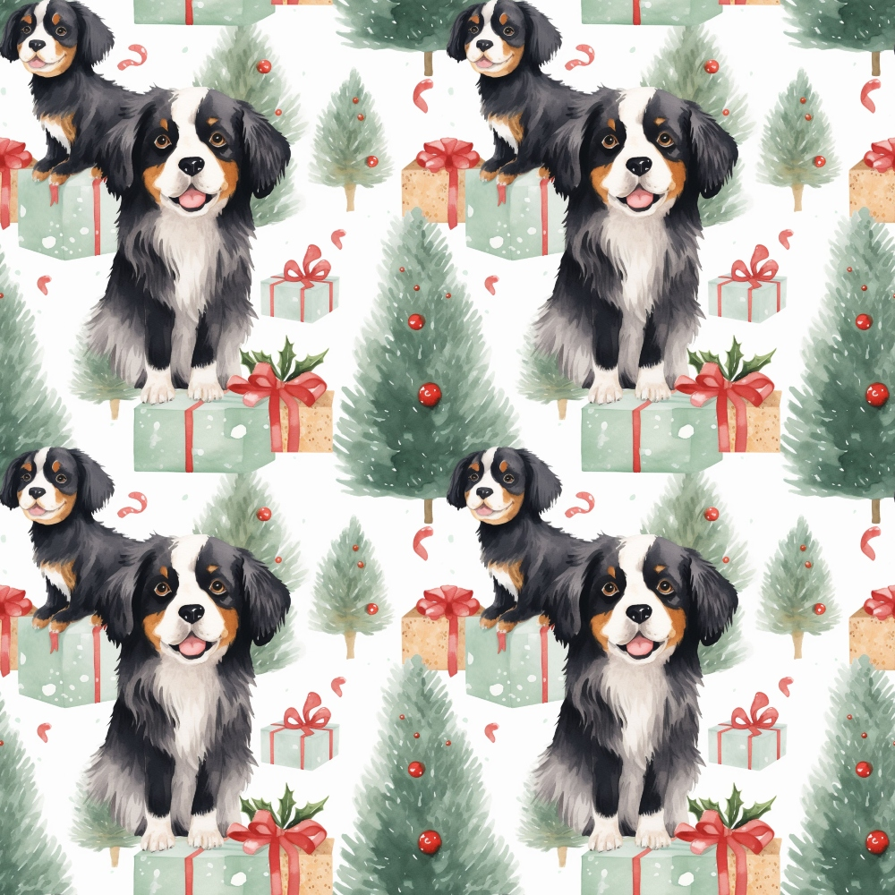 Pattern of Bernese Mountain Dogs, Christmas trees, and gifts on a white background.