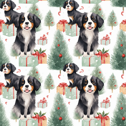 Pattern of Bernese Mountain Dogs, Christmas trees, and gifts on a white background.