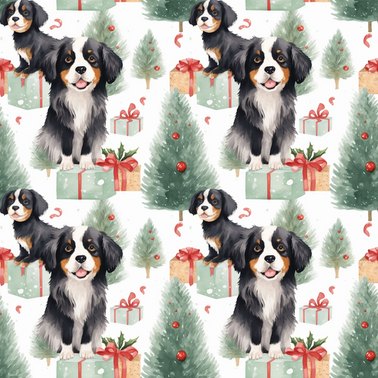 Pattern of Bernese Mountain Dogs, Christmas trees, and gifts on a white background.