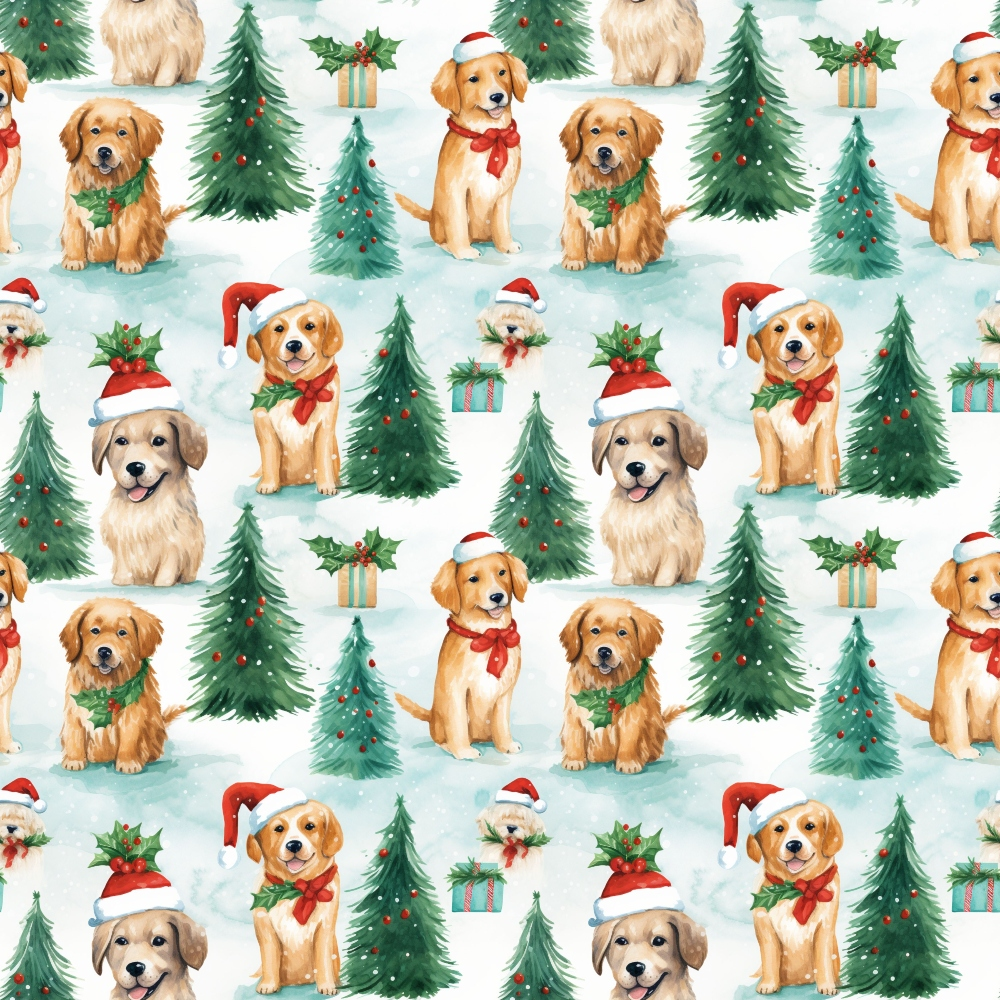 Pattern of festive dogs in Santa hats, Christmas trees, and gift boxes on a snowy background.