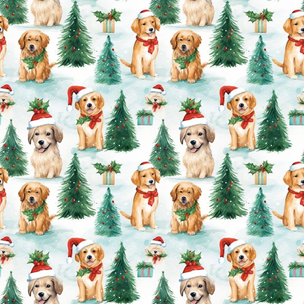 christmas puppies, golden retrievers, santa hats, red scarves, green wreaths, evergreen trees, holly leaves, gift boxes, winter wonderland, snow scene, watercolor style, quilting cotton, fabric panel, holiday pattern, festive dogs, pine trees, red berries, cream background, seasonal motifs, repeating design