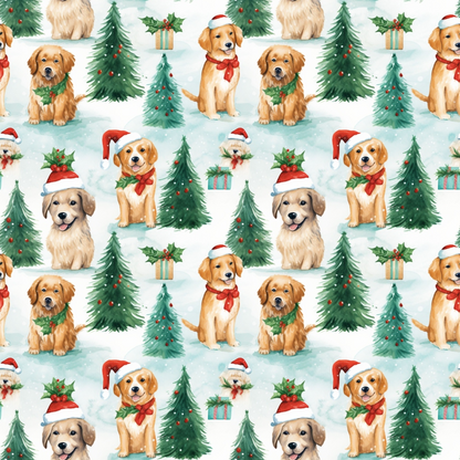 Pattern of festive dogs in Santa hats, Christmas trees, and gift boxes on a snowy background.