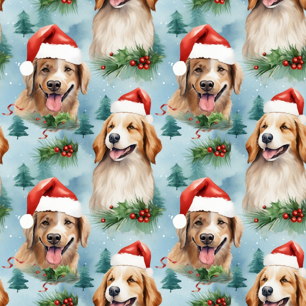 Repeating pattern of a golden retriever wearing a Santa hat, accompanied by pine branches and holly on a blue snowy background.