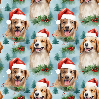 Repeating pattern of a golden retriever wearing a Santa hat, accompanied by pine branches and holly on a blue snowy background.