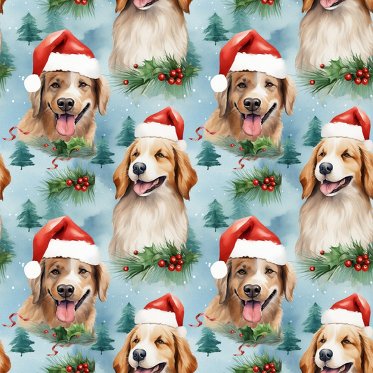 Repeating pattern of a golden retriever wearing a Santa hat, accompanied by pine branches and holly on a blue snowy background.