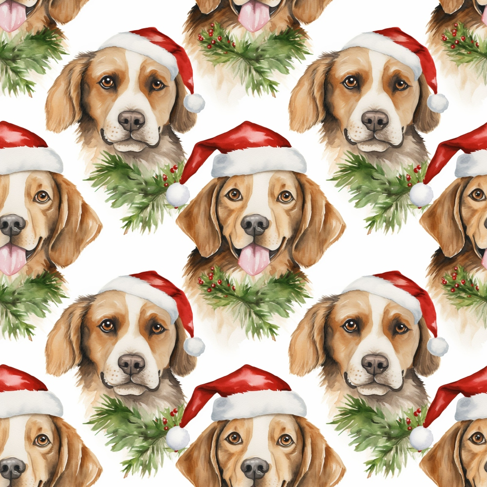 Pattern of dogs wearing Santa hats with pine branches and holly. Repeating festive design on a white background.