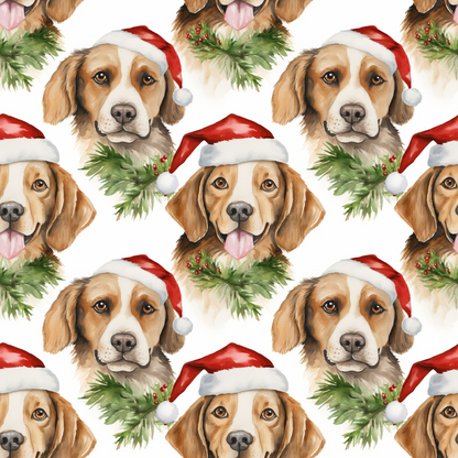 Pattern of dogs wearing Santa hats with pine branches and holly. Repeating festive design on a white background.