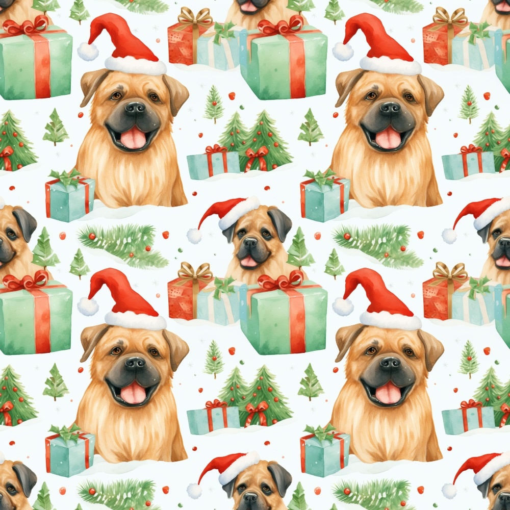 Festive pattern of smiling dogs wearing Santa hats, green and red gift boxes, and decorated Christmas trees on a white background.