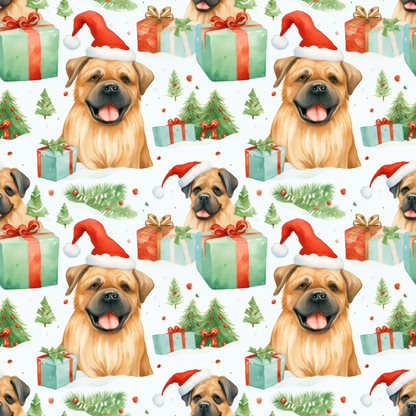 Festive pattern of smiling dogs wearing Santa hats, green and red gift boxes, and decorated Christmas trees on a white background.