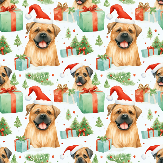 Festive pattern of smiling dogs wearing Santa hats, green and red gift boxes, and decorated Christmas trees on a white background.