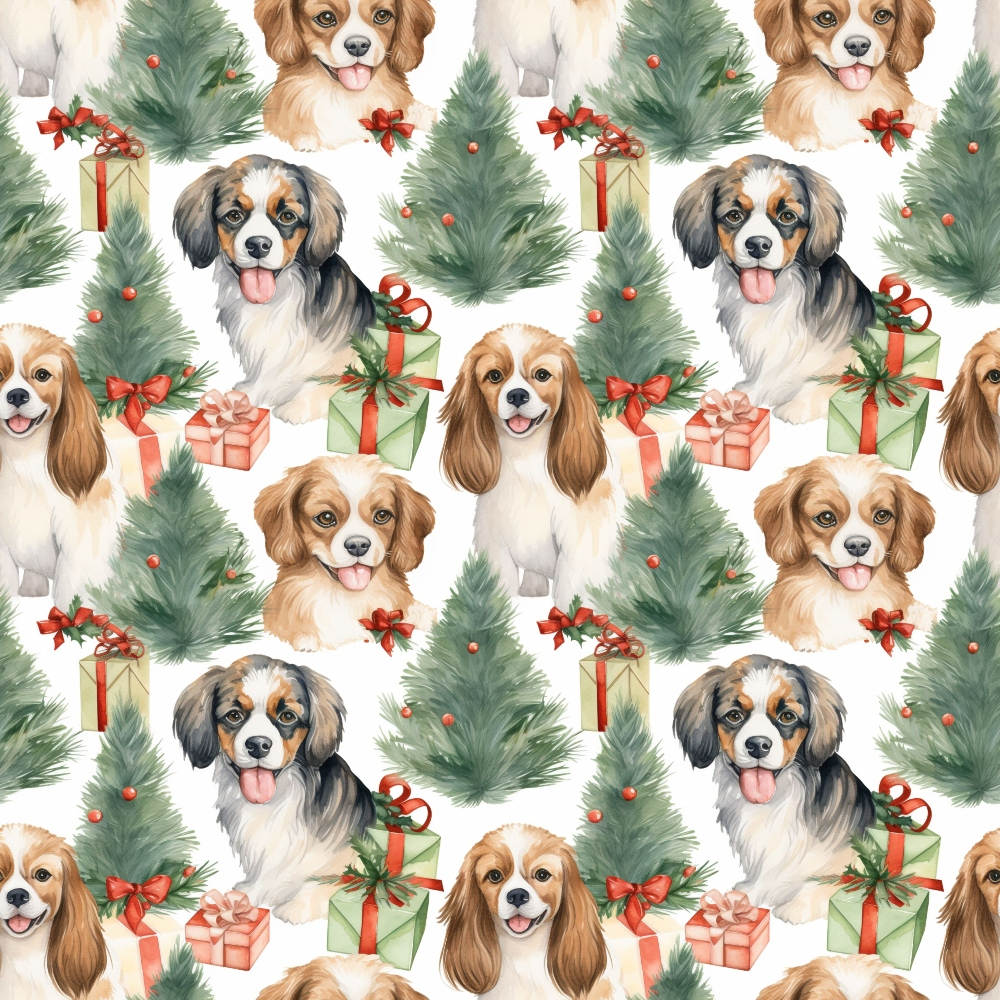 Seamless pattern of smiling dogs, Christmas trees, and gift boxes with bows on a white background.