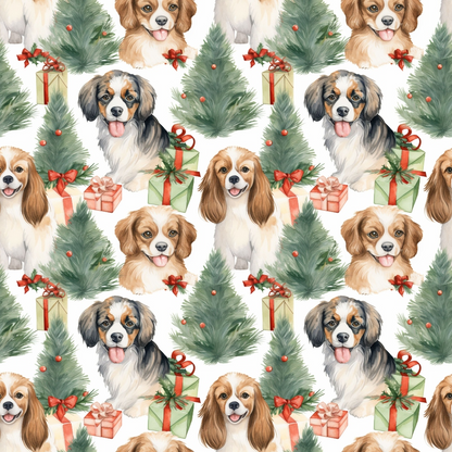 Seamless pattern of smiling dogs, Christmas trees, and gift boxes with bows on a white background.