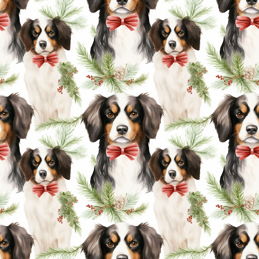 Pattern of dogs with bow ties and fir branches on a light background.