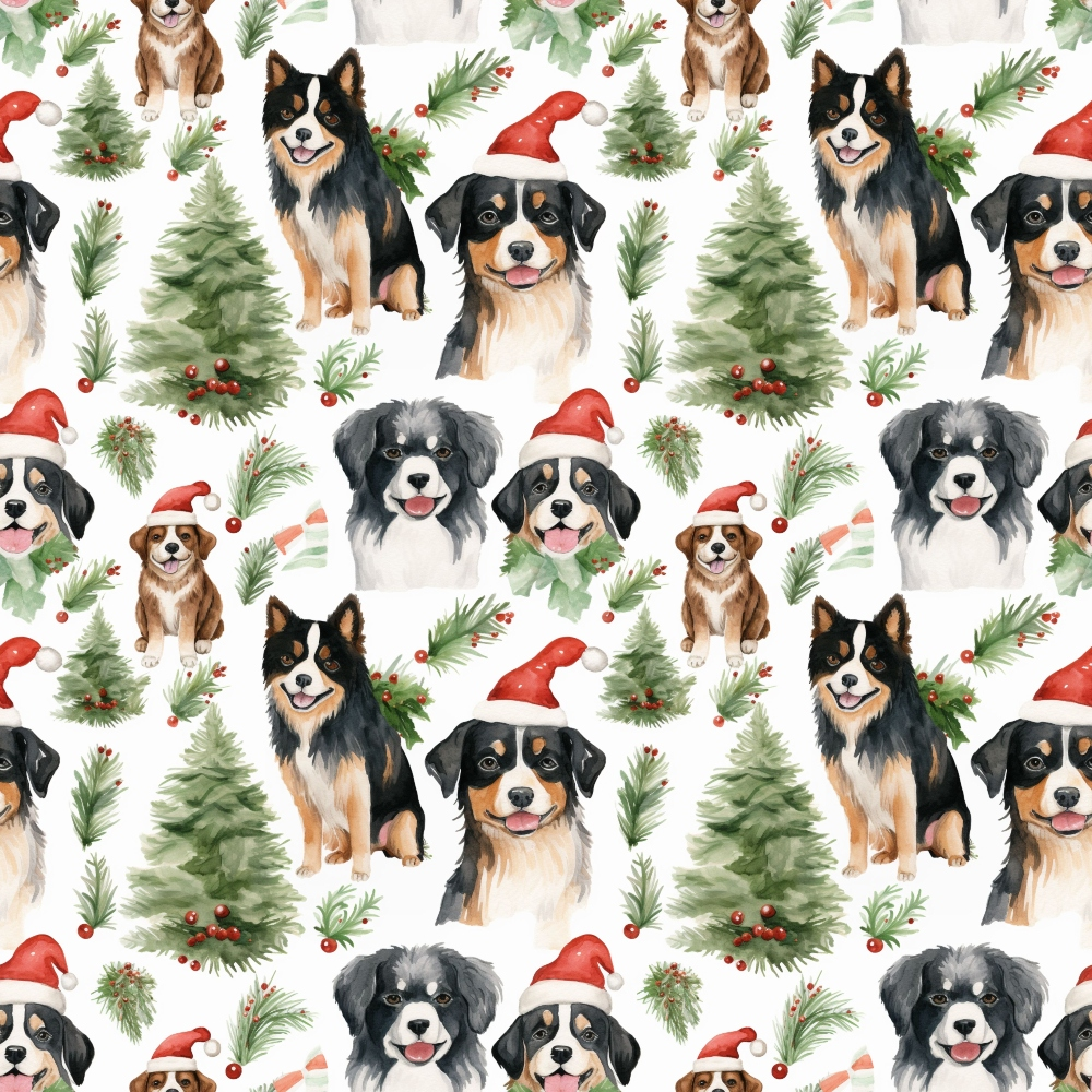 Pattern with watercolor dogs in Santa hats, Christmas trees, and holly on white background.