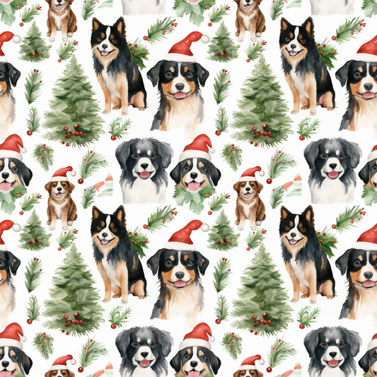 Pattern with watercolor dogs in Santa hats, Christmas trees, and holly on white background.