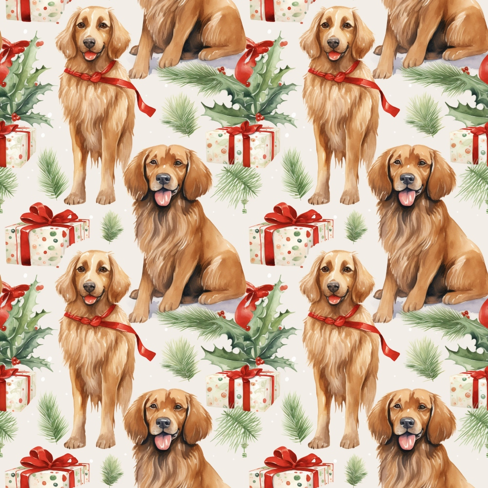 Pattern of illustrated golden retrievers with red bows, surrounded by wrapped gifts and foliage, on a white background.