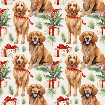 Pattern of illustrated golden retrievers with red bows, surrounded by wrapped gifts and foliage, on a white background.