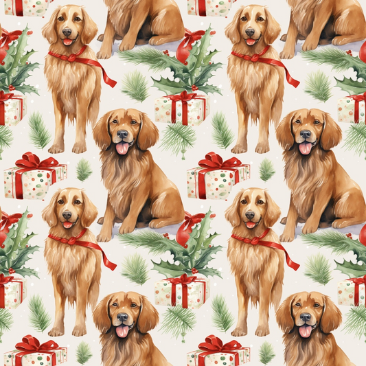 Pattern of illustrated golden retrievers with red bows, surrounded by wrapped gifts and foliage, on a white background.