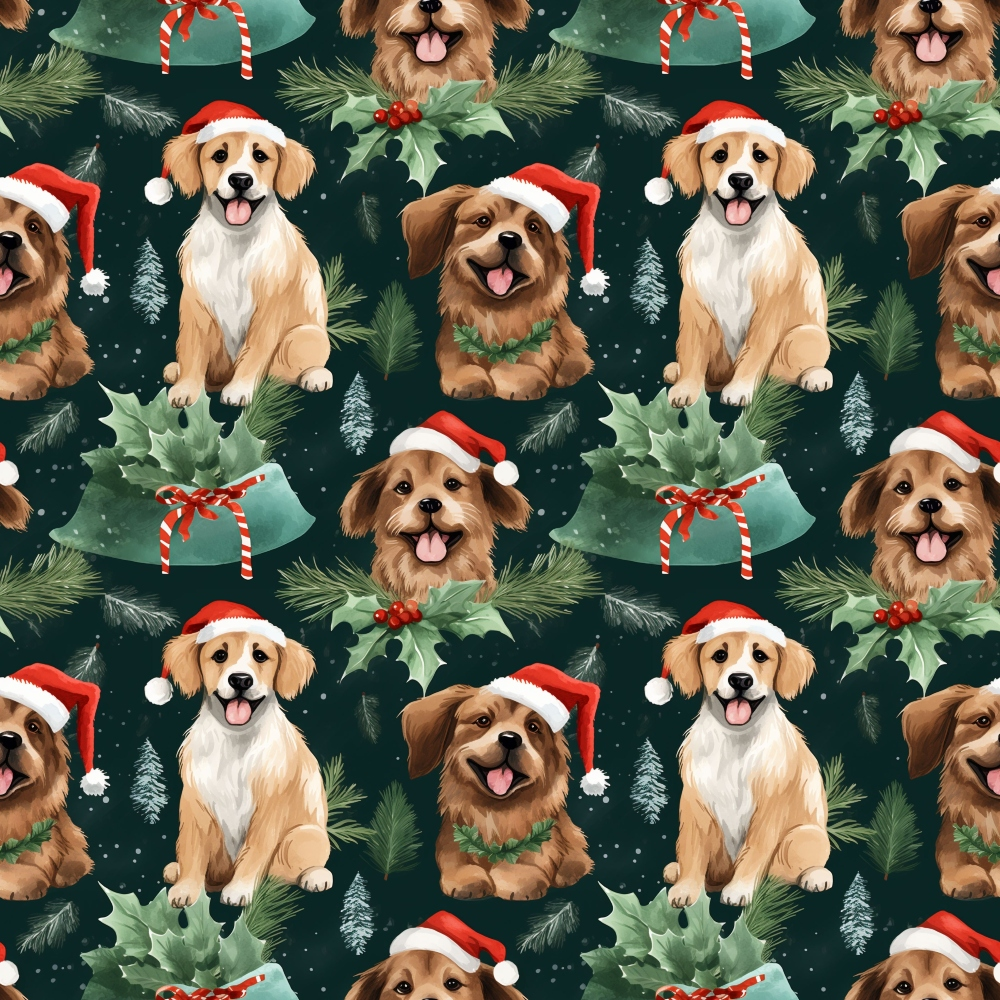 Festive pattern featuring dogs in Santa hats, holly, ribbons, and pine branches on a dark background.