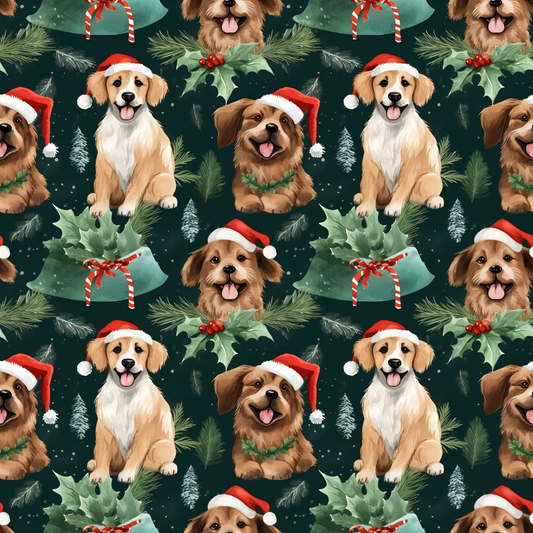 Festive pattern featuring dogs in Santa hats, holly, ribbons, and pine branches on a dark background.