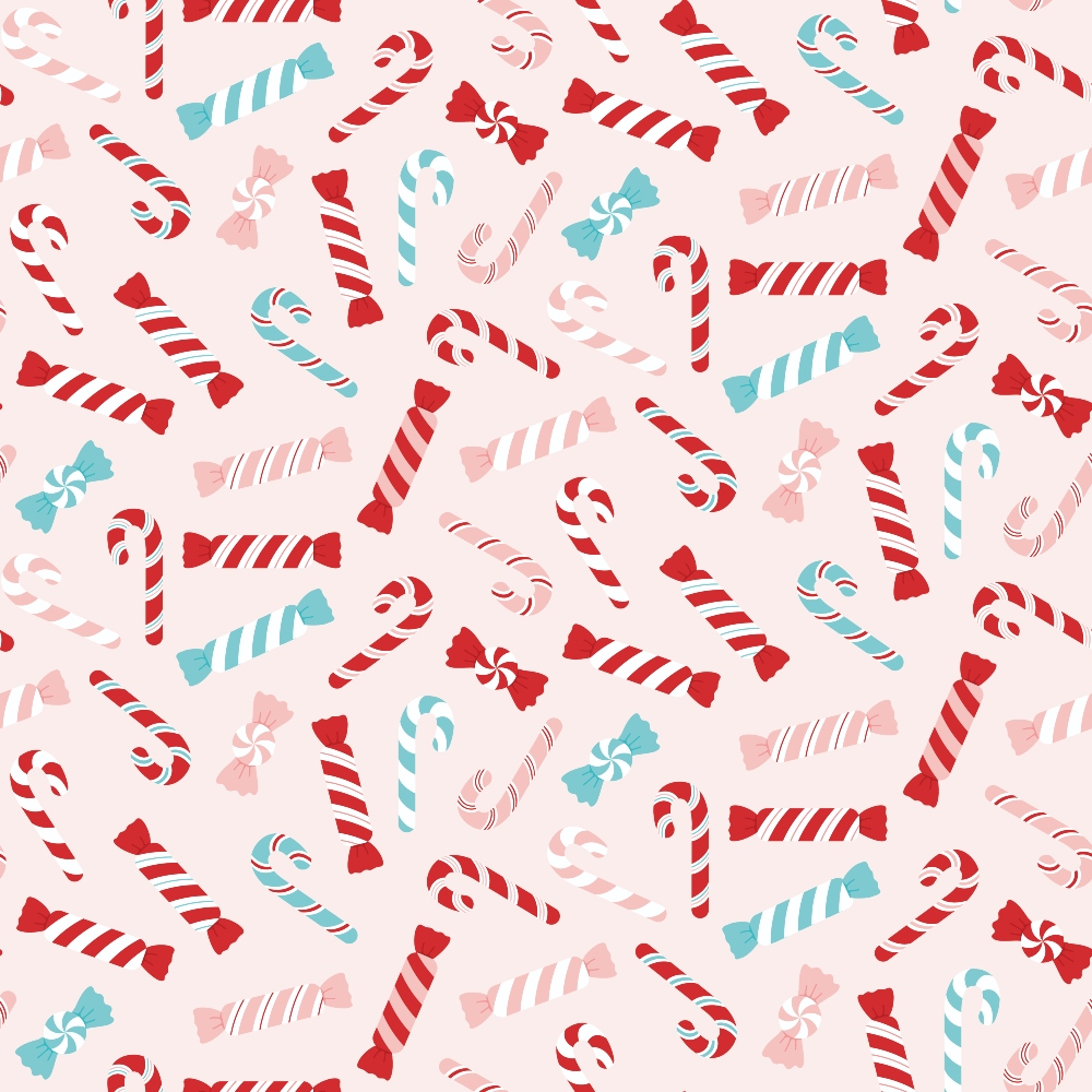 Pattern of red and turquoise candy canes and sweets scattered on a light pink background.