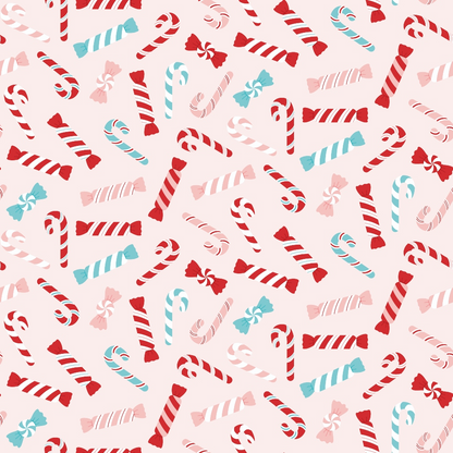 Pattern of red and turquoise candy canes and sweets scattered on a light pink background.