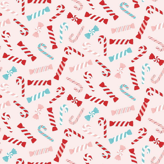 Pattern of red and turquoise candy canes and sweets scattered on a light pink background.