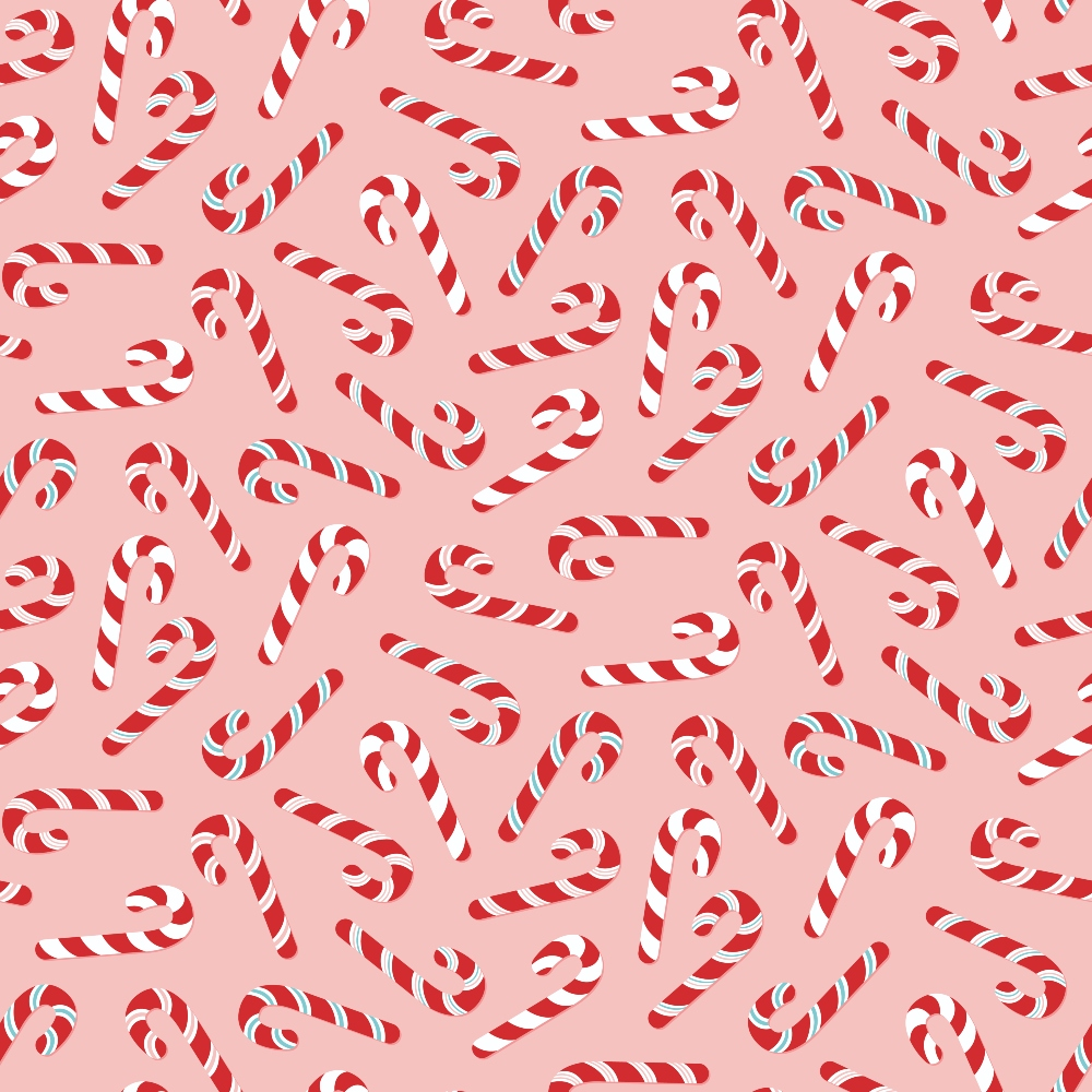 Pattern of red and white striped candy canes on a pink background.