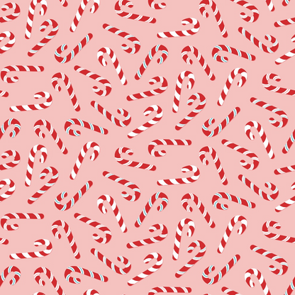 Pattern of red and white striped candy canes on a pink background.