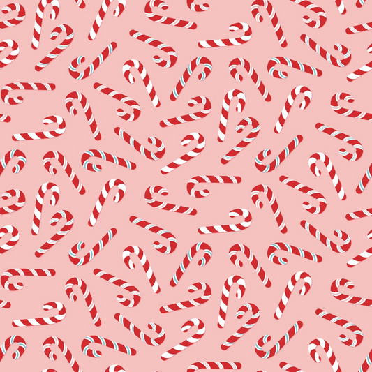 Pattern of red and white striped candy canes on a pink background.