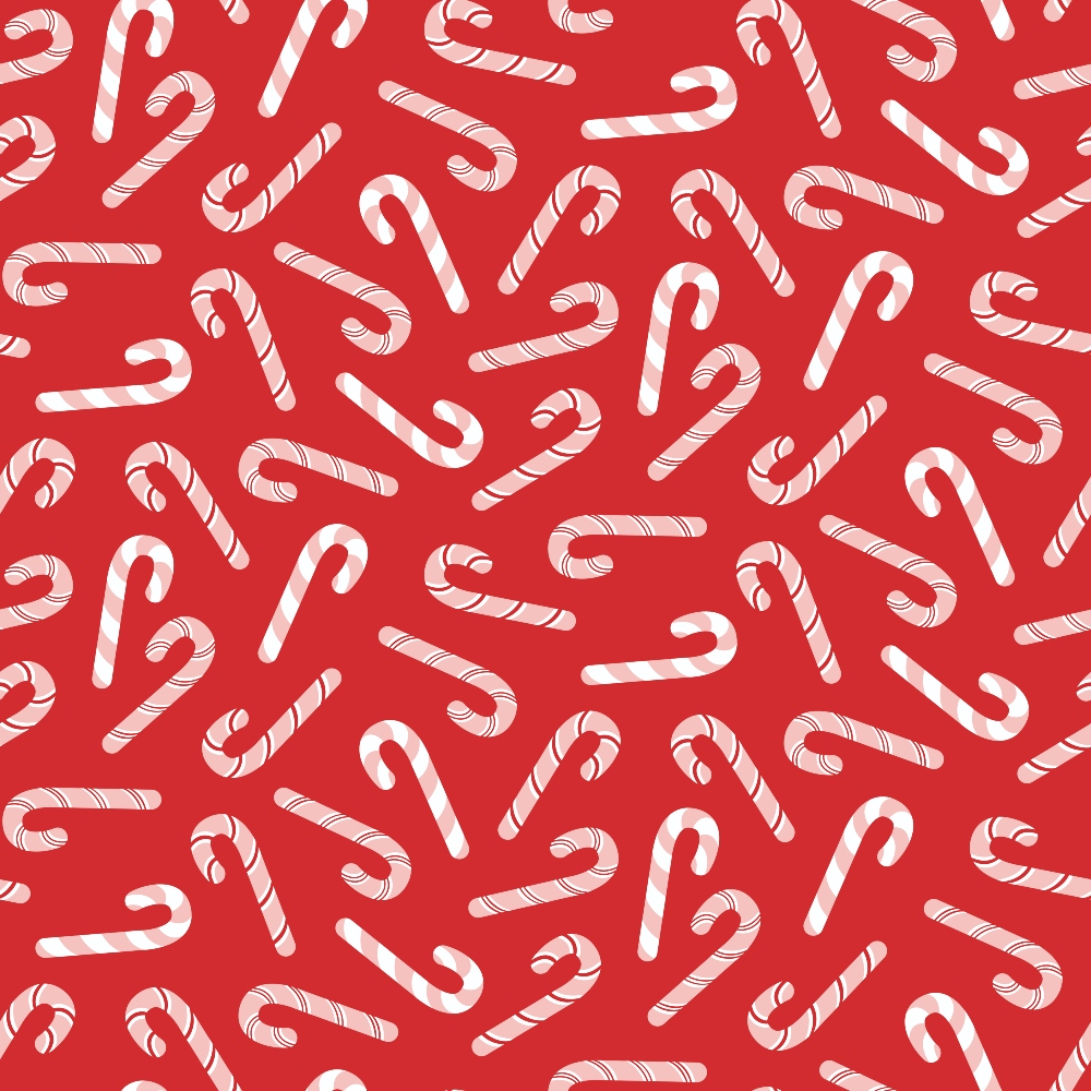 Pattern of white candy canes on a red background, arranged in various orientations.