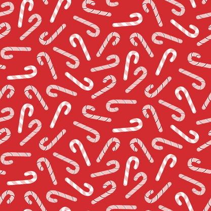 Pattern of white candy canes on a red background, arranged in various orientations.