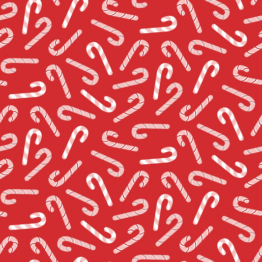 Pattern of white candy canes on a red background, arranged in various orientations.