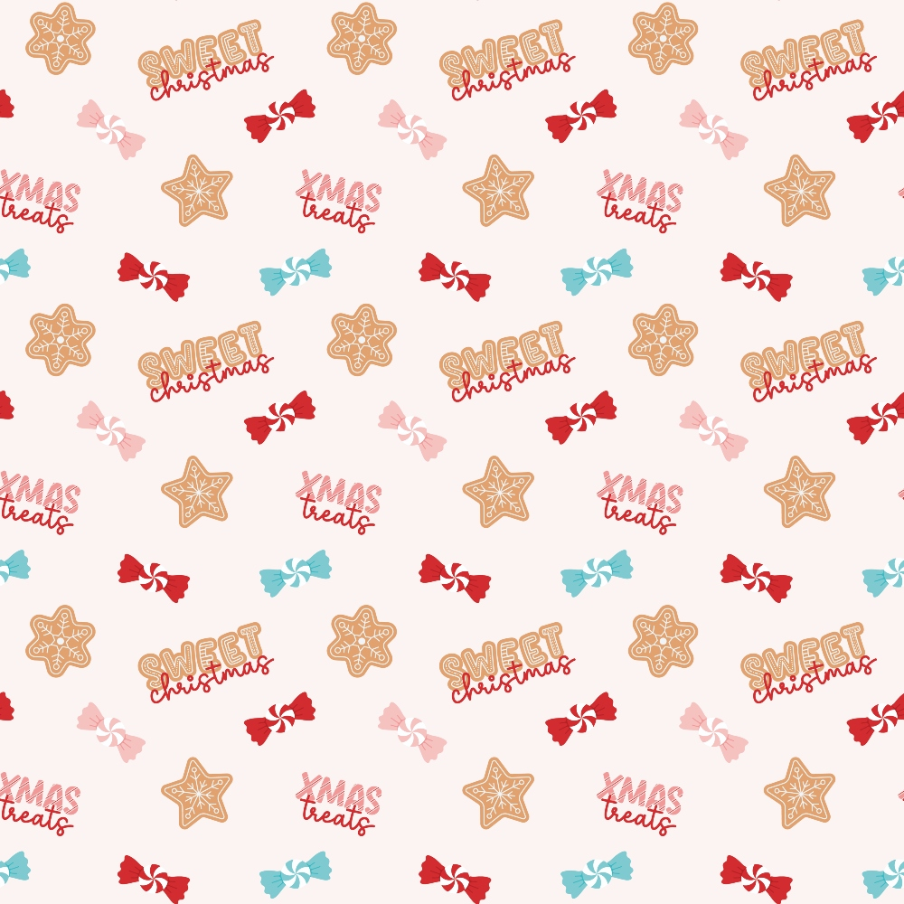 Pattern with gingerbread stars, candy illustrations, and phrases Sweet Christmas and Xmas treats in festive colors on a light background.