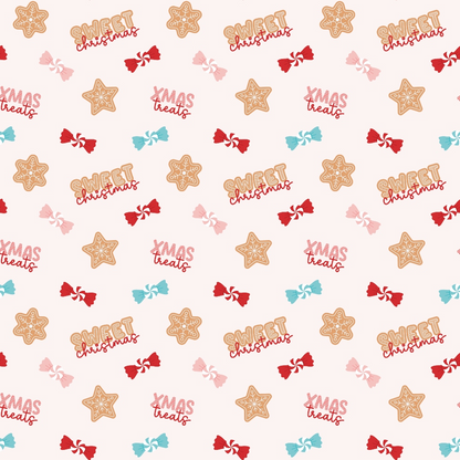 Pattern with gingerbread stars, candy illustrations, and phrases Sweet Christmas and Xmas treats in festive colors on a light background.