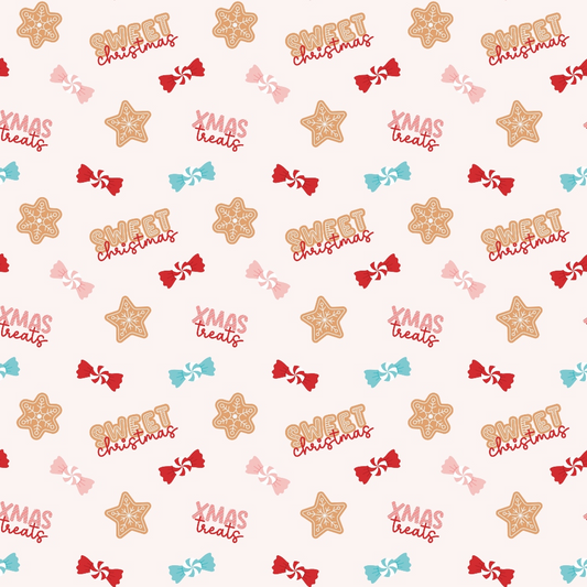 Pattern with gingerbread stars, candy illustrations, and phrases Sweet Christmas and Xmas treats in festive colors on a light background.