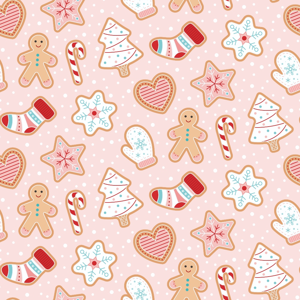 Pattern of festive cookies including gingerbread, trees, hearts, socks, snowflakes, and candy canes on a pink background with white dots.