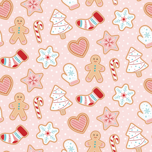 Pattern of festive cookies including gingerbread, trees, hearts, socks, snowflakes, and candy canes on a pink background with white dots.