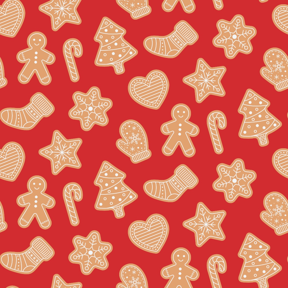 Pattern of gingerbread cookies with trees, stars, hearts, mittens, and candy canes on a red background.