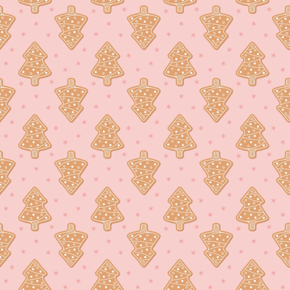 Pattern of gingerbread Christmas tree cookies with icing on a pink background.