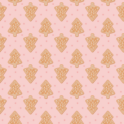 Pattern of gingerbread Christmas tree cookies with icing on a pink background.