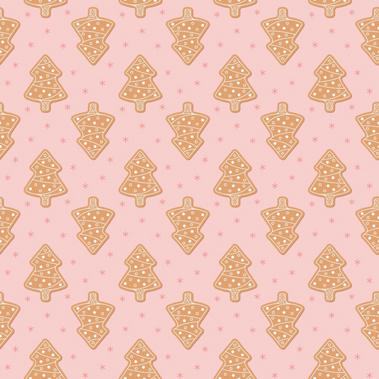 Pattern of gingerbread Christmas tree cookies with icing on a pink background.