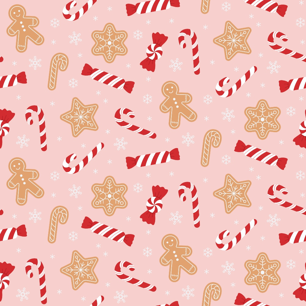 Pattern of gingerbread men, candy canes, red and white candies, and snowflakes on a pink background.